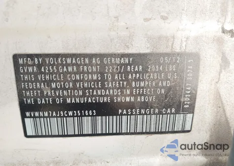 2012 Volkswagen Golf Tdi 4-Door z USA, uszkodzony, nr VIN WVWNM7AJ9CW351663